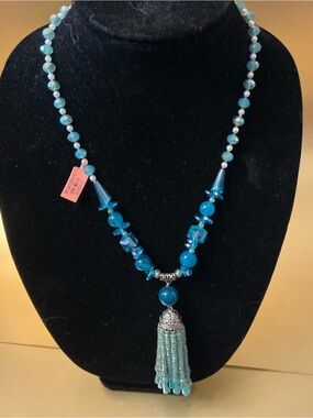 Blue Beaded 1 Tassel Bead Long Necklace Mixed Stuff Jewelry